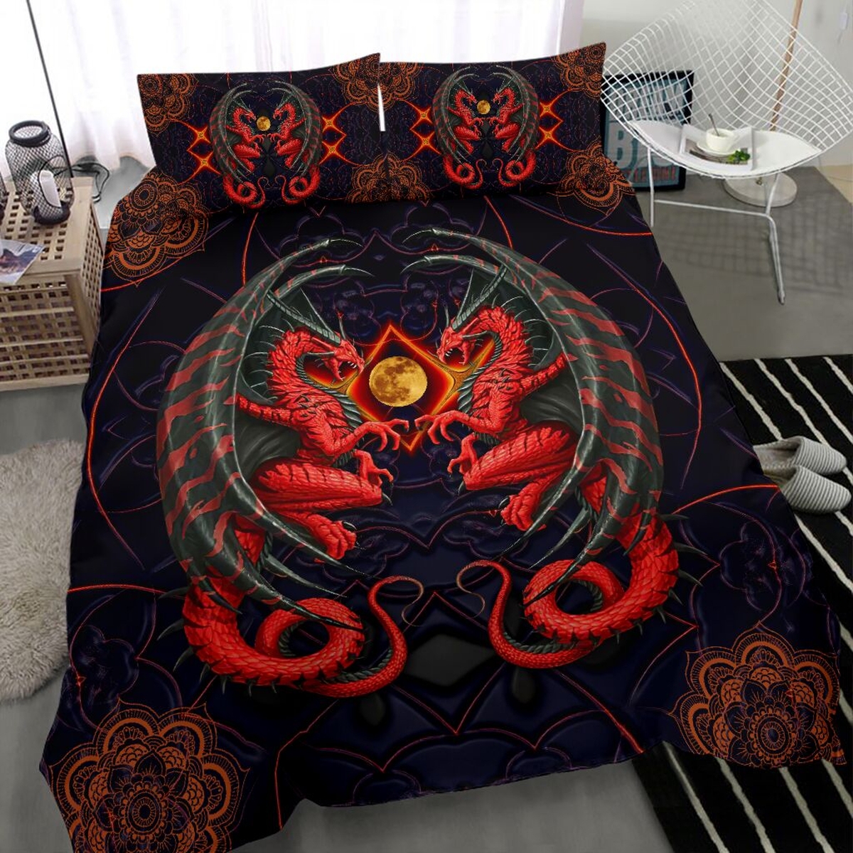 Fire Dragon And moon Mandala Bed Sheets Spread Duvet Cover Bedding Set - Unique Anime Apparel for Fans