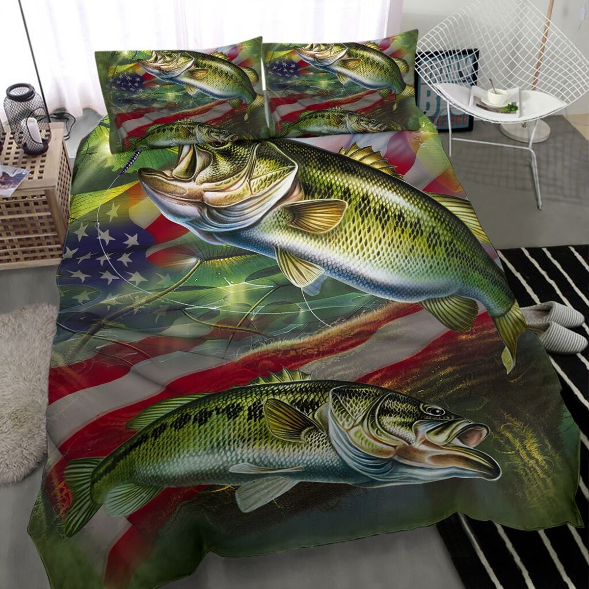 Fish And American Flag Bedding Set Bed Sheets Spread Duvet Cover Bedding Set - Unique Anime Apparel for Fans