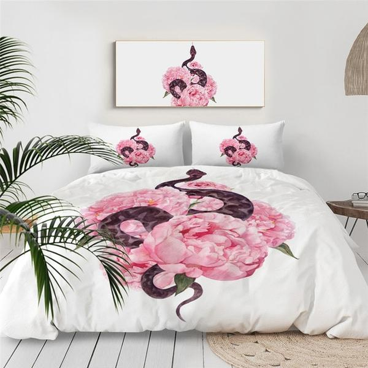 Flower Pink Snake Bed Sheets Spread Duvet Cover Bedding Set - Unique Anime Apparel for Fans