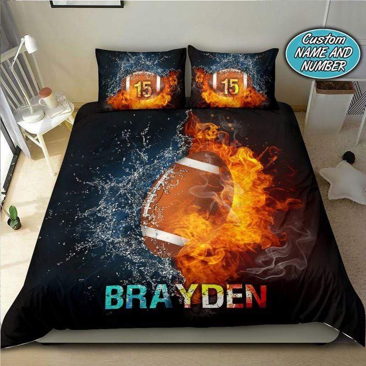 Football Fire And Water Personalized Custom Name Duvet Cover Bedding Set - Unique Anime Apparel for Fans