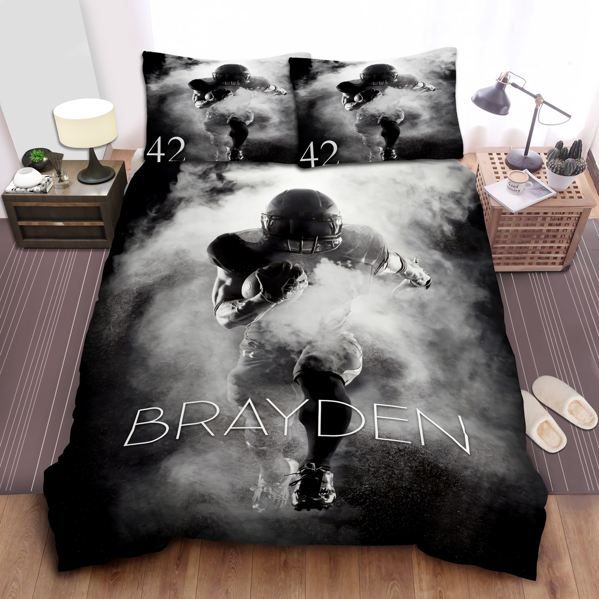 Football Man Smoke Black White Custom Duvet Cover Bedding Set With Your Name - Unique Anime Apparel for Fans