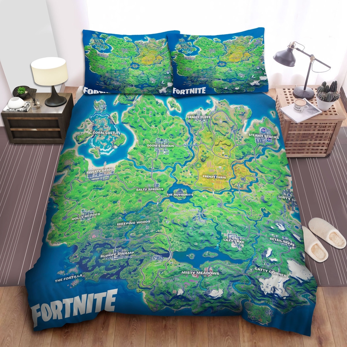 Fortnite Original Map Bed Sheets Spread Duvet Cover Bedding Set - Unique Anime Apparel for Fans