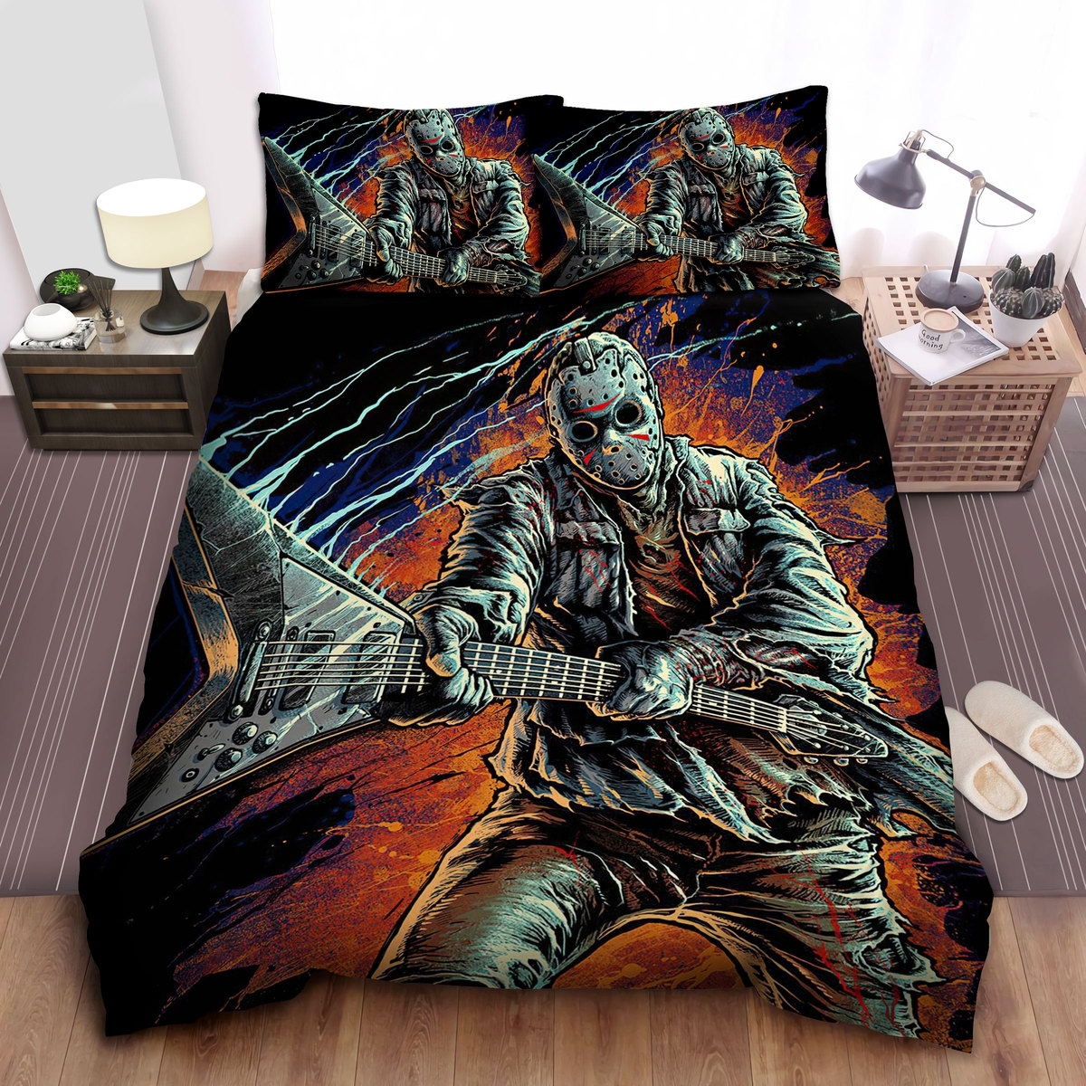 Friday The 13th Jason Using Electric Guitar Bed Sheets Spread Duvet Cover Bedding Set - Unique Anime Apparel for Fans