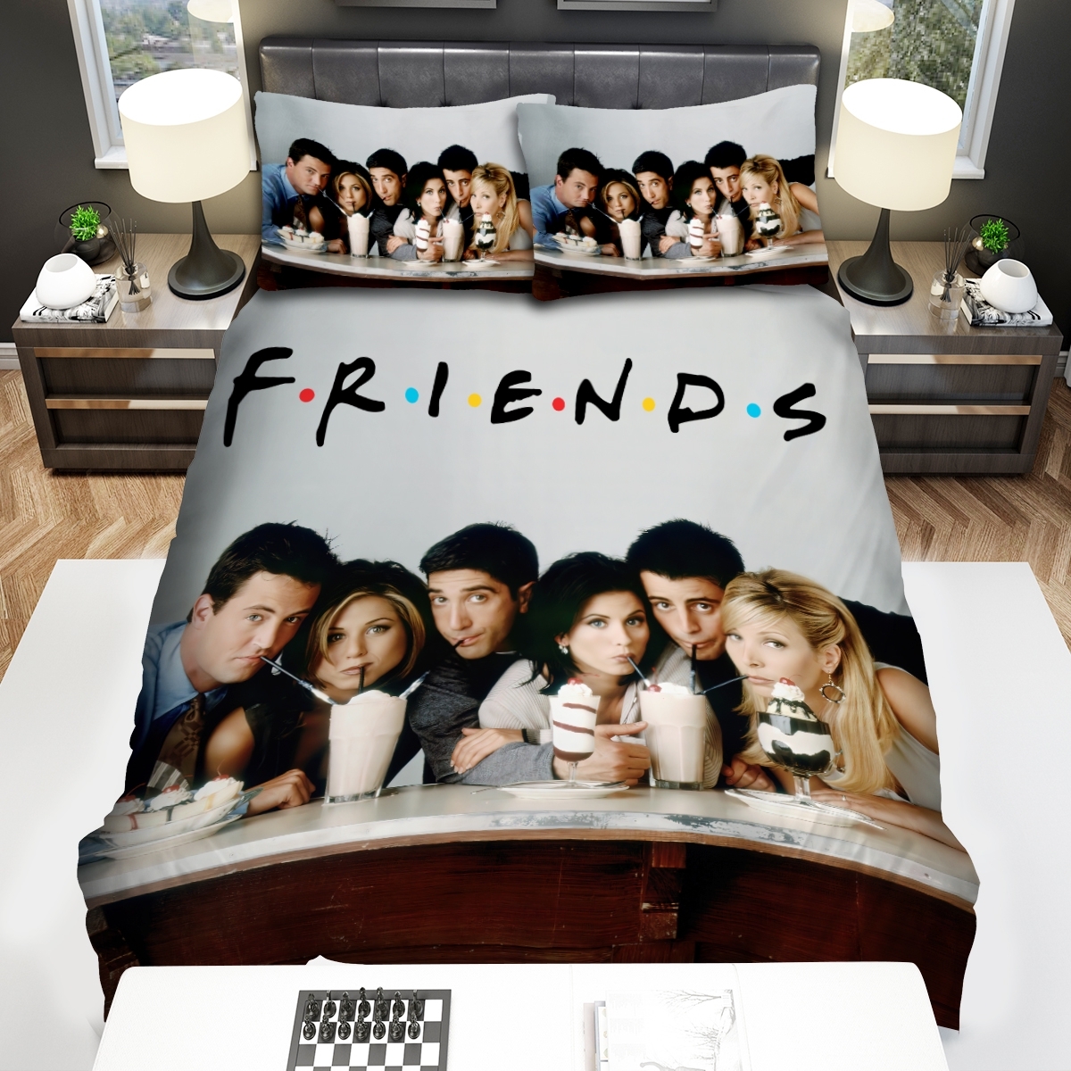 Friends Cast Drinking Milkshakes Photograph Bed Sheets Spread Duvet Cover Bedding Set - Unique Anime Apparel for Fans