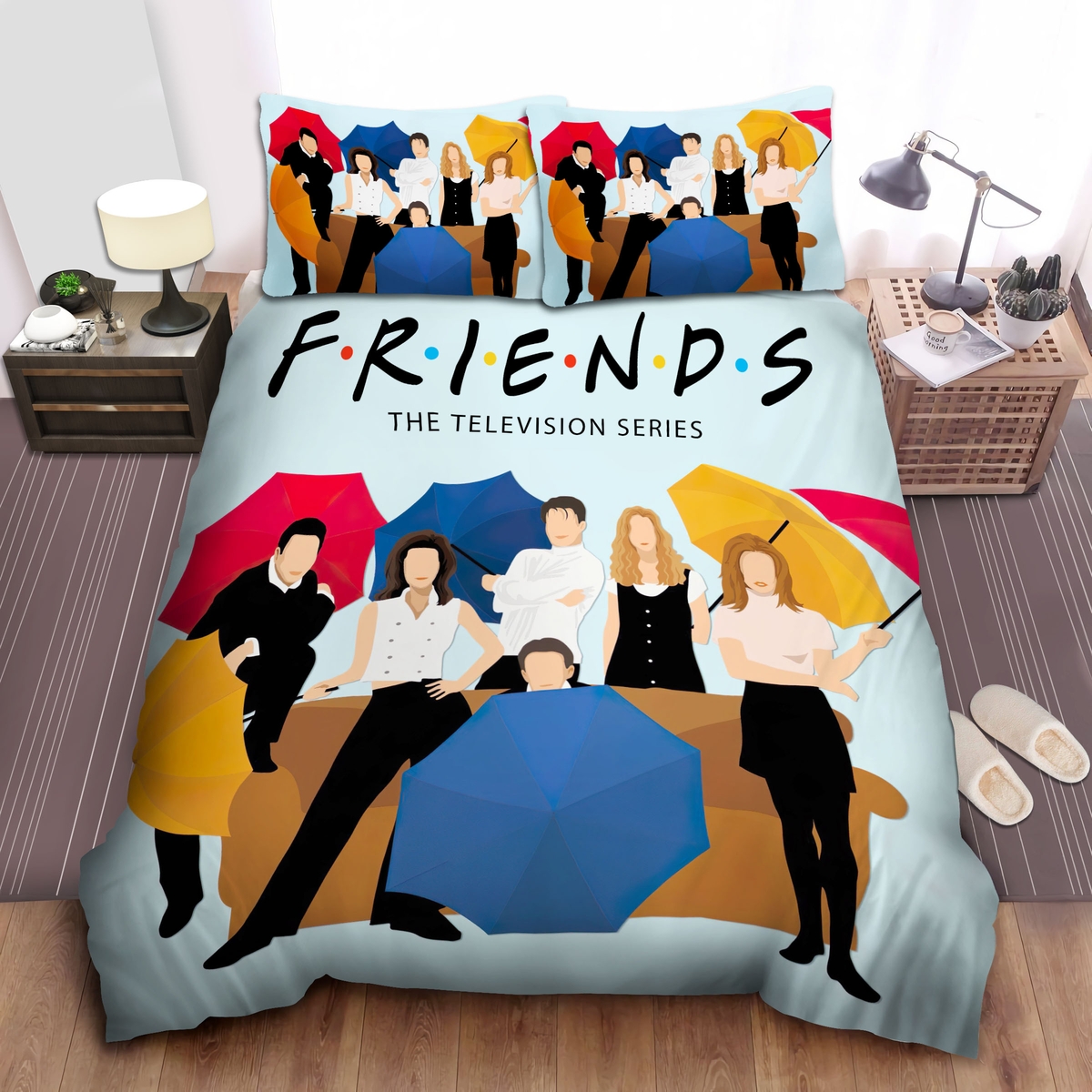 Friends Characters And Central Perk Orange Sofa Artwork Bed Sheets Spread Duvet Cover Bedding Set - Unique Anime Apparel for Fans