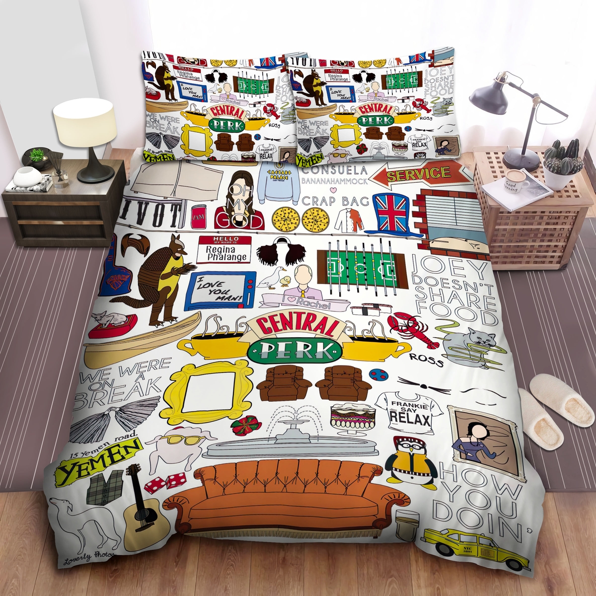 Friends Memorable Moments And Things Illustration Bed Sheets Spread Duvet Cover Bedding Set - Unique Anime Apparel for Fans
