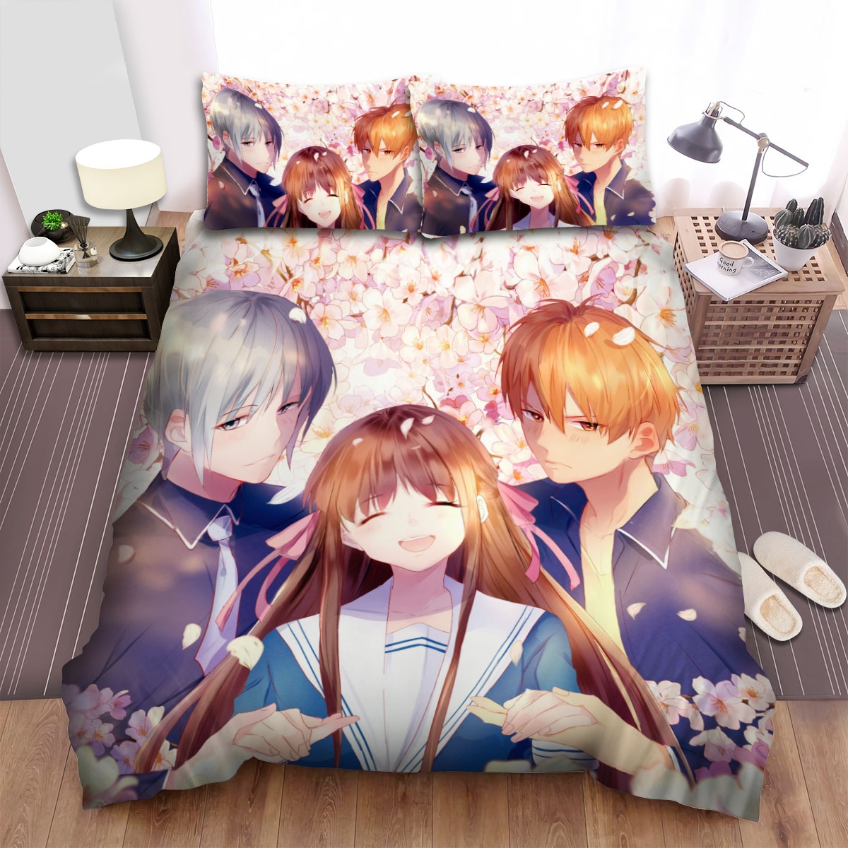 Fruits Basket Characters With Sakura Flowers Bed Sheets Spread Duvet Cover Bedding Set - Unique Anime Apparel for Fans