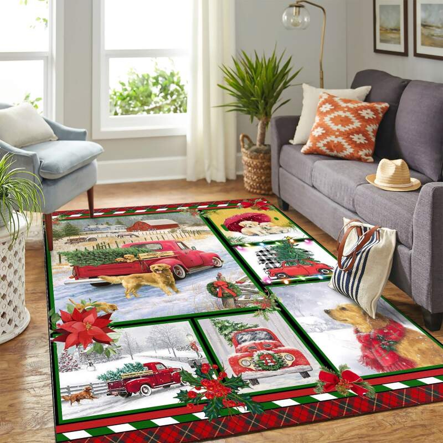 Golden Retriever Red Truck Christmas Quilt Mk Carpet Area Rug - Unique Anime Apparel for Fans
