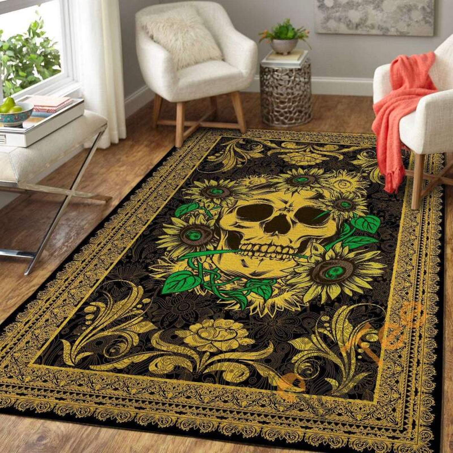 Golden Skull With Sunflowers Royal Pattern Hippie Floor Decor Soft Living Room Bedroom Carpet Highlight For Home Rug - Unique Anime Apparel for Fans