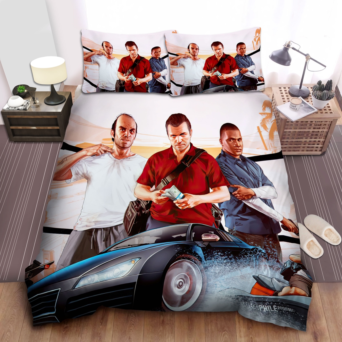 Grand Theft Auto Trio With Transportations Bed Sheets Spread Comforter Duvet Cover Bedding Set - Unique Anime Apparel for Fans