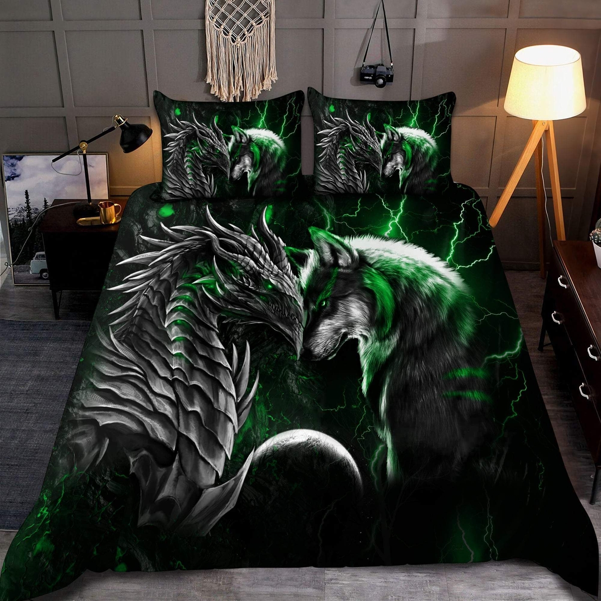 Green Dragon And Wolf Bed Sheets Spread Duvet Cover Bedding Set - Unique Anime Apparel for Fans