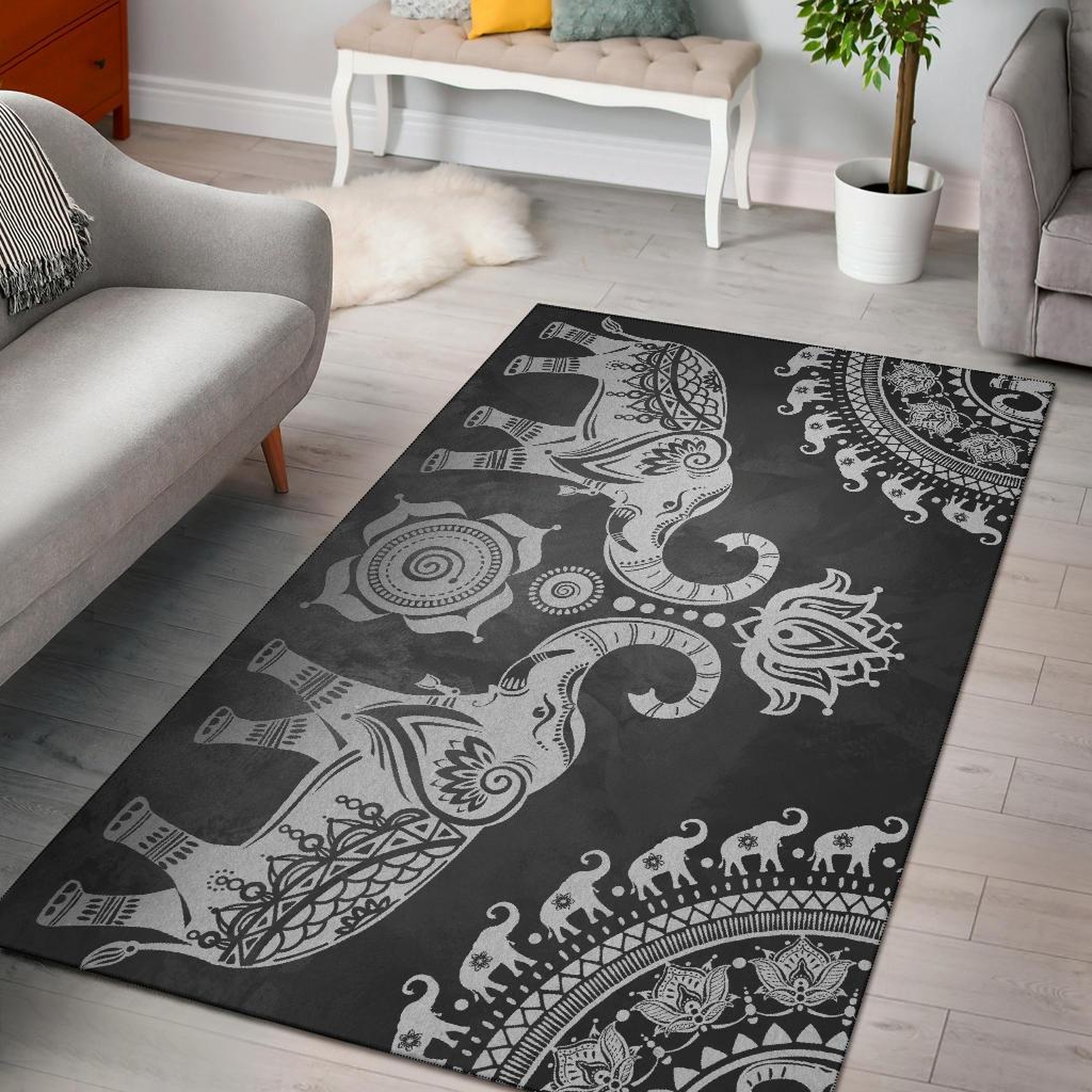 Grey Mandala Elephant Area Rug - Unique Anime Apparel for Fans