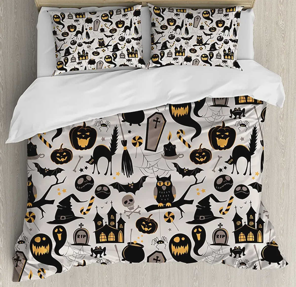 Halloween Cartoon Jack o' Lantern Tombstone Skulls and Bones Bedding Set - Unique Anime Apparel for Fans
