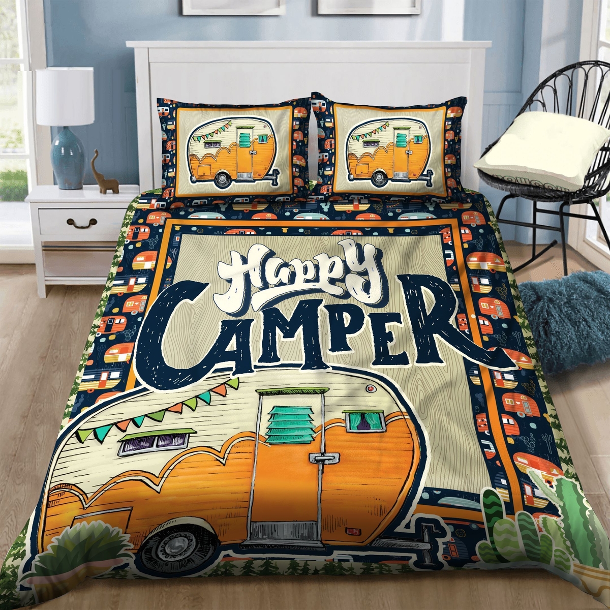 Happy Camper Bed Sheets Spread Comforter Duvet Cover Bedding Set - Unique Anime Apparel for Fans