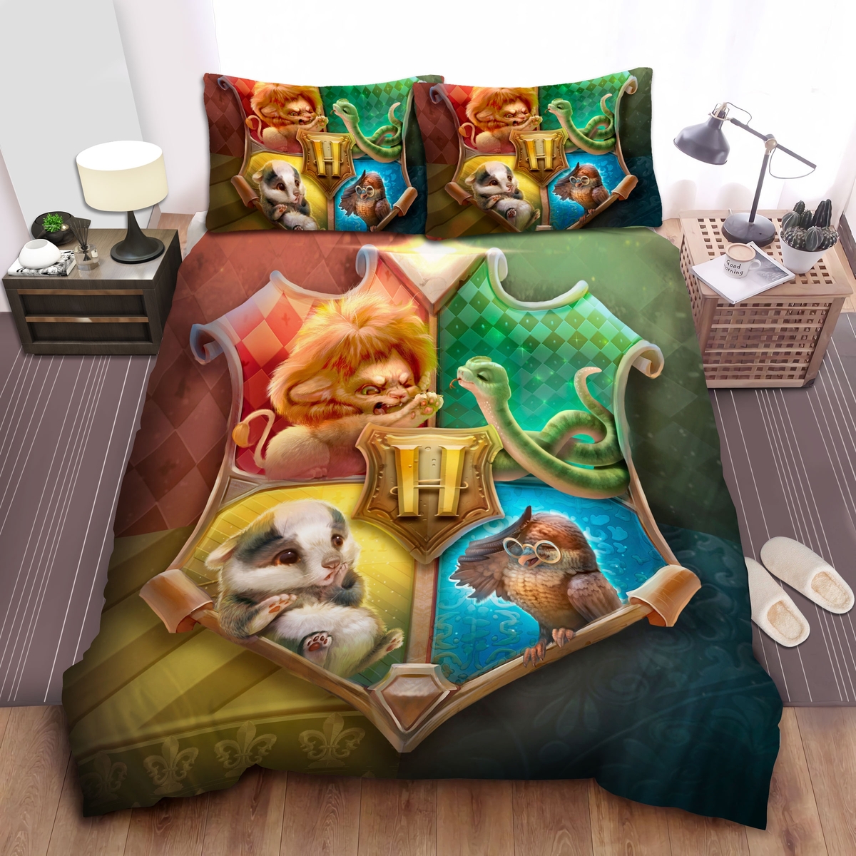 Harry Potter Cute Little Animals Symbol Of Houses In Hogwarts Crest Bed Sheets Spread Duvet Cover Bedding Set - Unique Anime Apparel for Fans