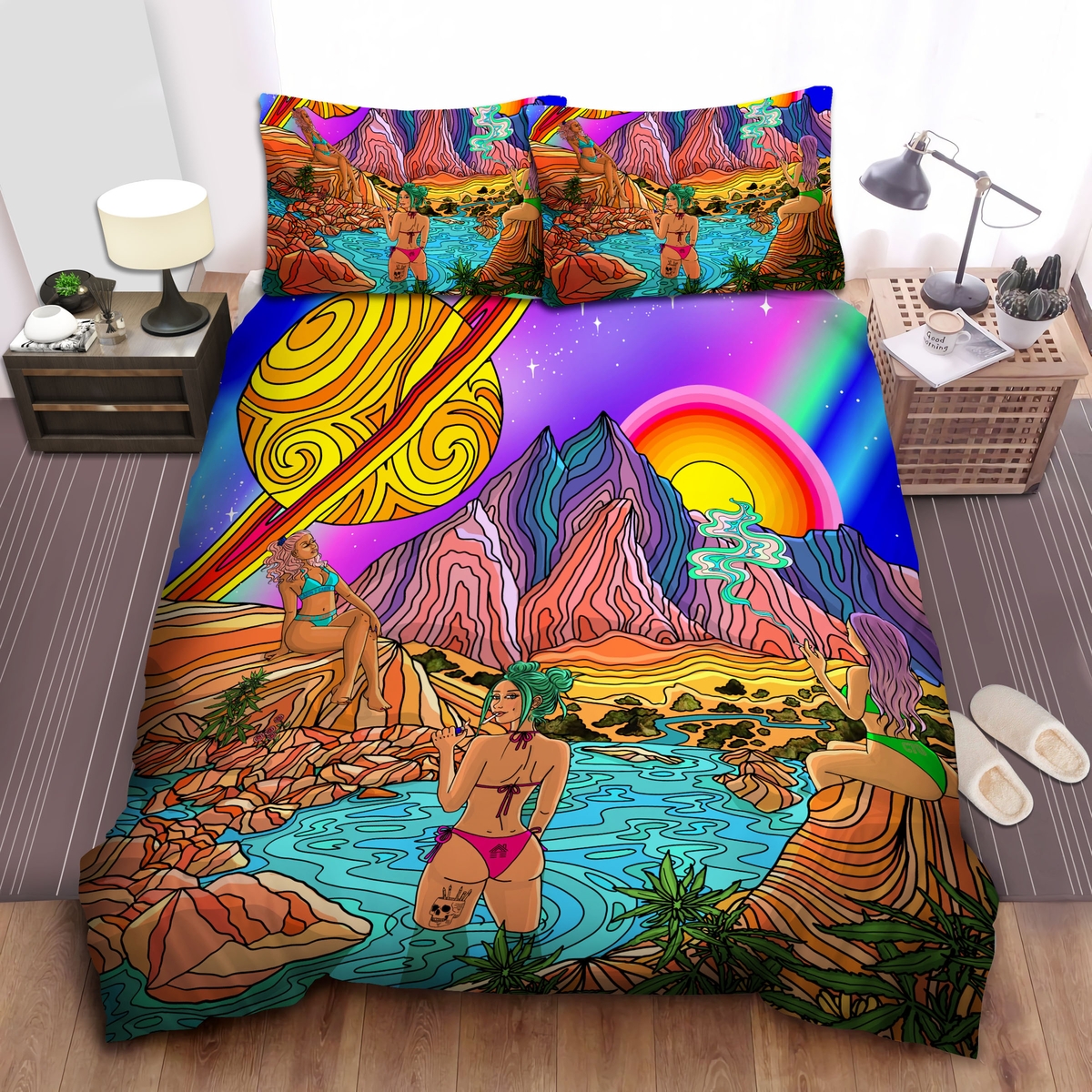 Hippie Girls Smoking Weed On Natural Stream Psychedelic Aesthetic Art Bed Sheets Spread Duvet Cover Bedding Set - Unique Anime Apparel for Fans