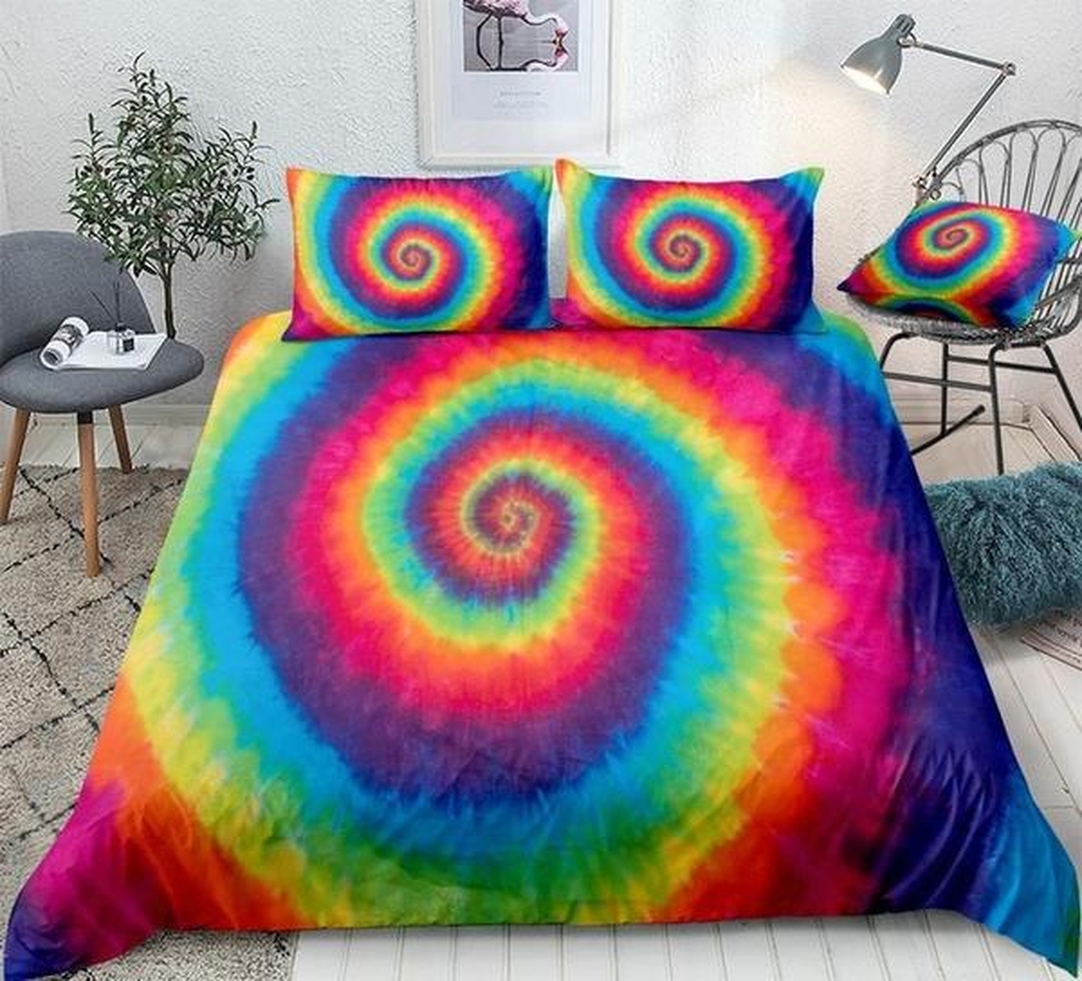 Hippie Rainbow Tie Dye Bed Sheets Spread Duvet Cover Bedding Set - Unique Anime Apparel for Fans
