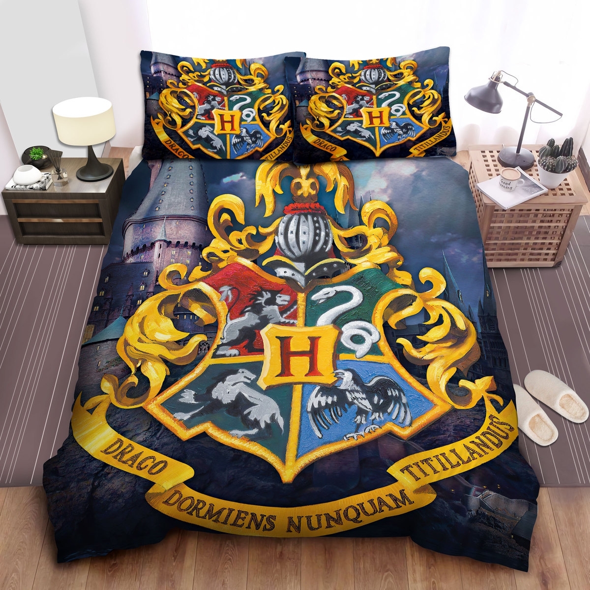Hogwarts Big Logo Painting Bed Sheets Spread Duvet Cover Bedding Set - Unique Anime Apparel for Fans