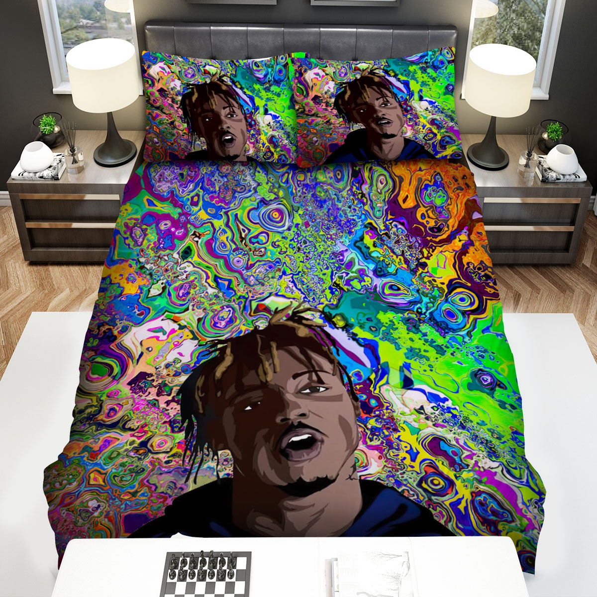 Juice Wrld In Psychedelic Art Background Bed Sheets Spread Duvet Cover Bedding Set - Unique Anime Apparel for Fans