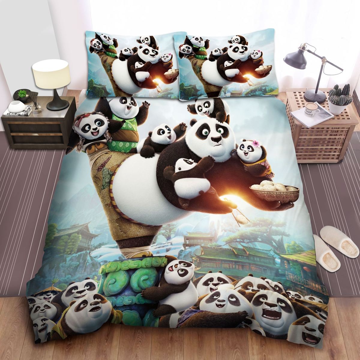 Kung Fu Panda Standing On One Leg Holding A Bowl Of Dumplings And Baby Pandabed Sheets Spread Duvet Cover Bedding Set - Unique Anime Apparel for Fans