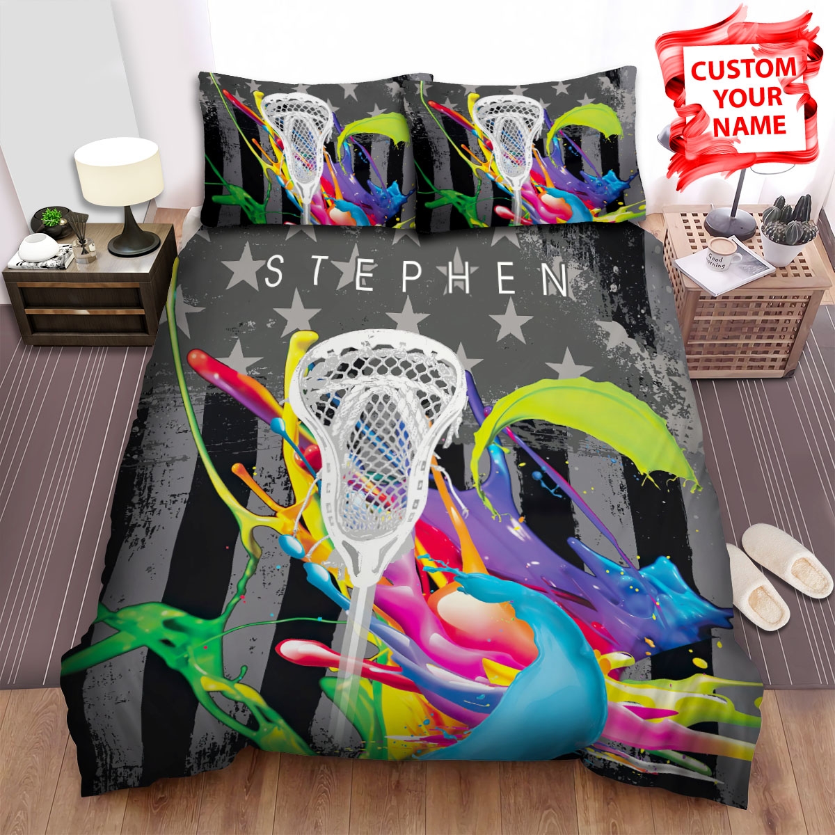 Lacrosse Stick Color Splash Flag Background Bed Sheets Spread Comforter Duvet Cover Bedding Set - Unique Anime Apparel for Fans