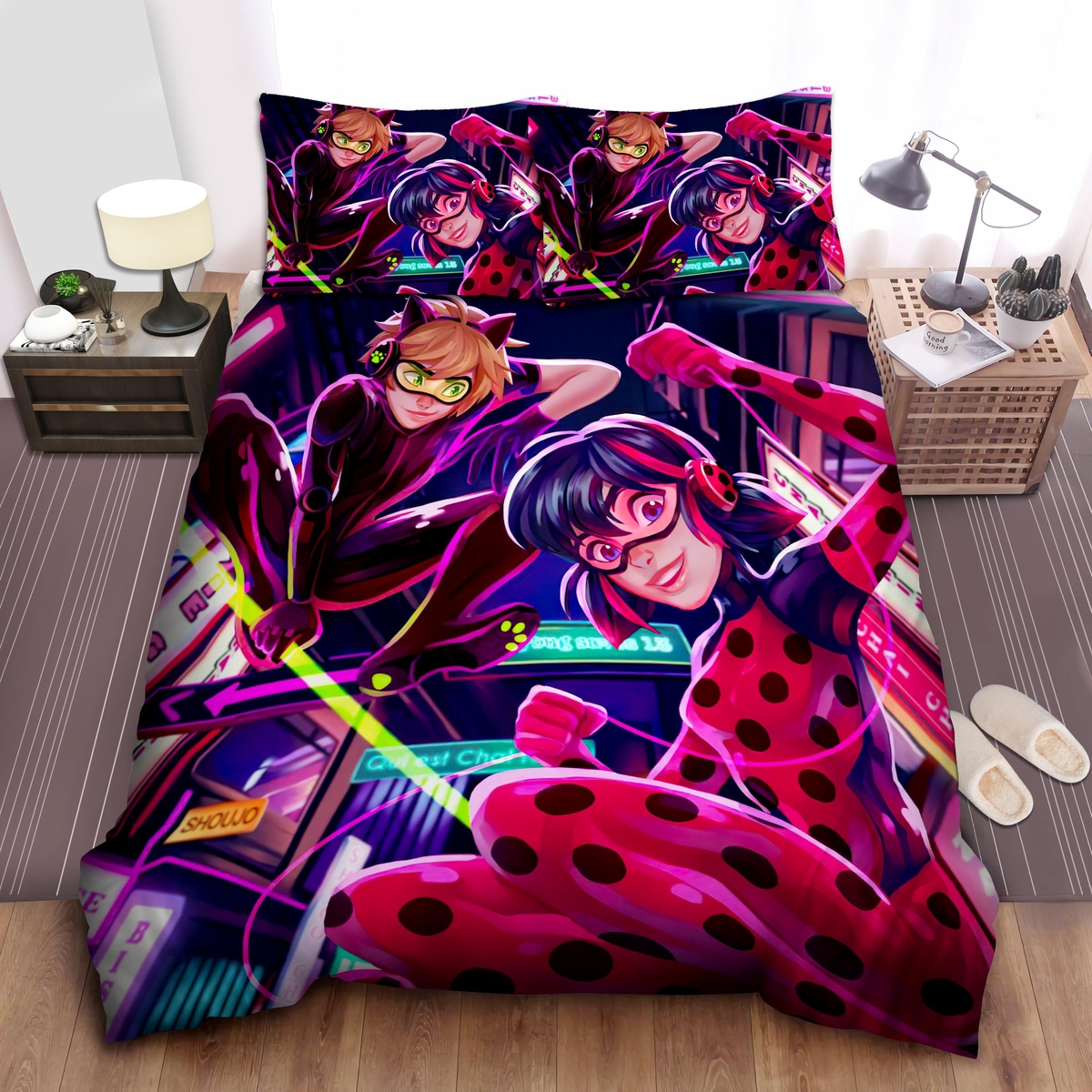 Ladybug & Cat Noir Illustration Bed Sheets Spread Duvet Cover Bedding Set - Unique Anime Apparel for Fans