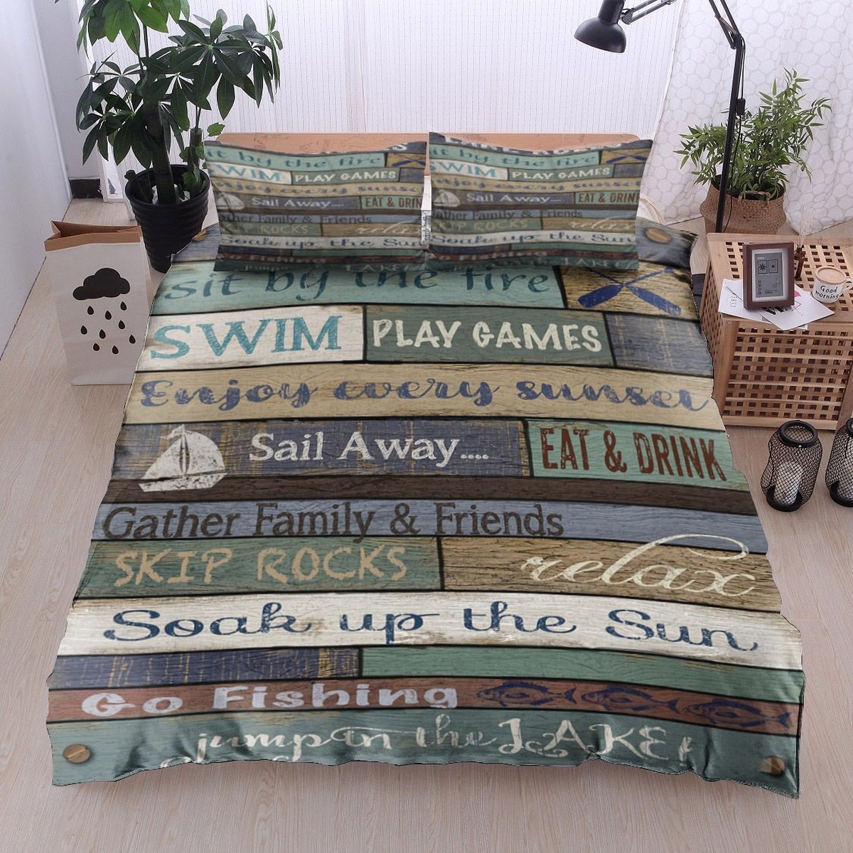 Lake Rules Sail Away Skip Rocks Soak Up The Sun Jump In The Lake Bed Sheets Spread Duvet Cover Bedding Set - Unique Anime Apparel for Fans