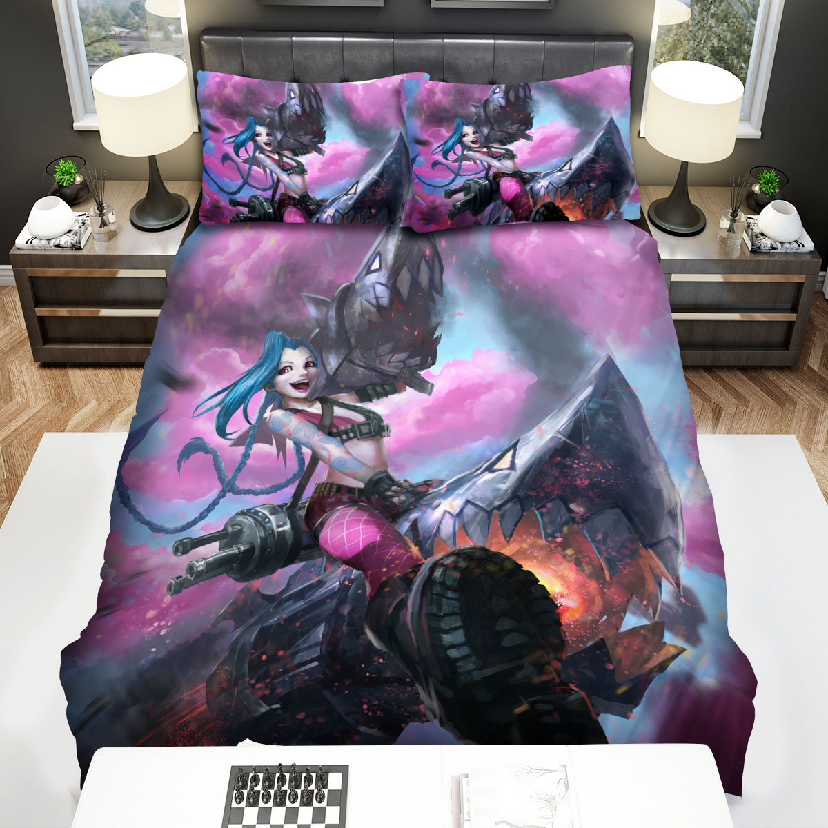 League Of Legends Jinx And Her Fishbones Rockets Artwork Bed Sheets Spread Duvet Cover Bedding Set - Unique Anime Apparel for Fans