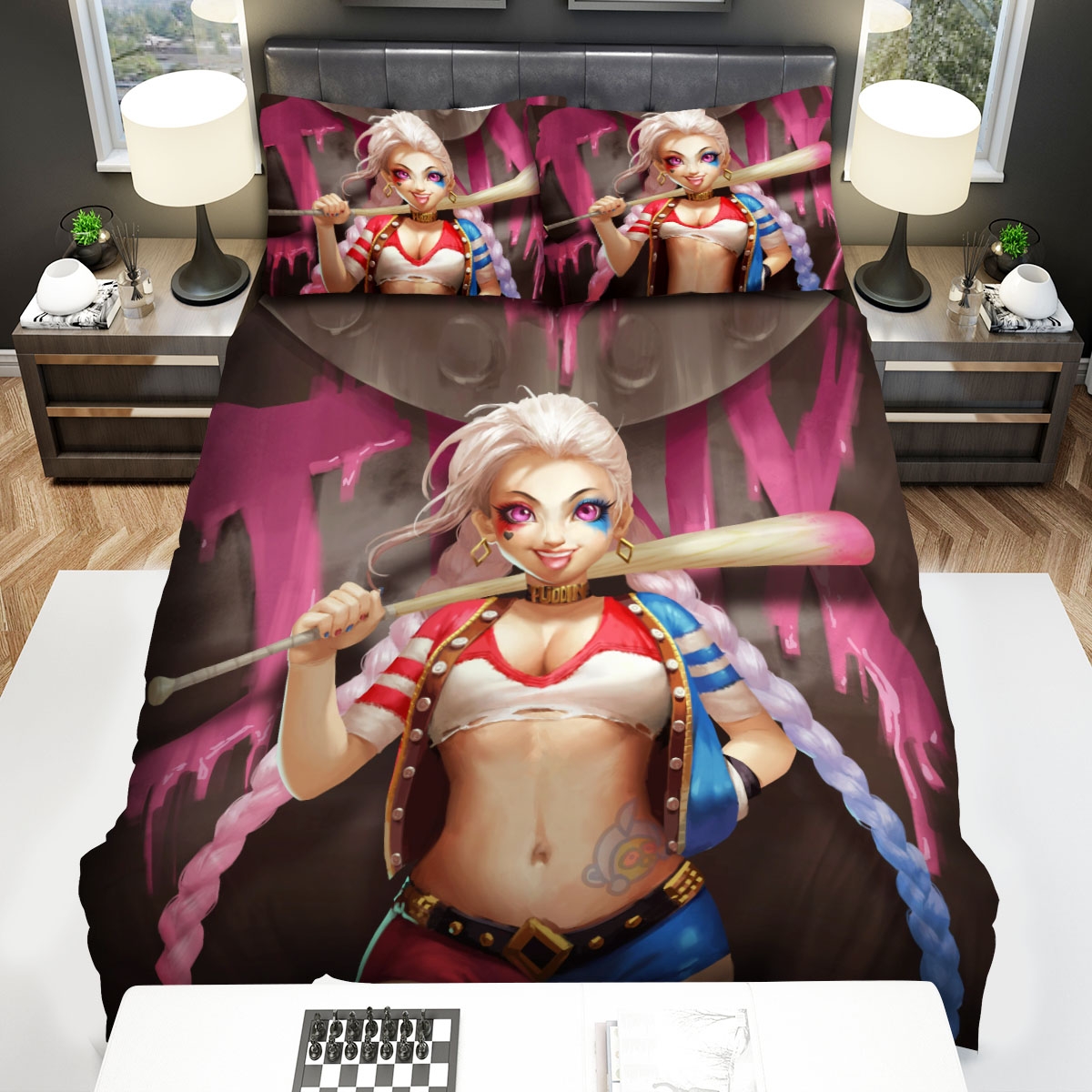 League Of Legends Jinx In Harley Quinn Costume Artwork Bed Sheets Spread Duvet Cover Bedding Set - Unique Anime Apparel for Fans