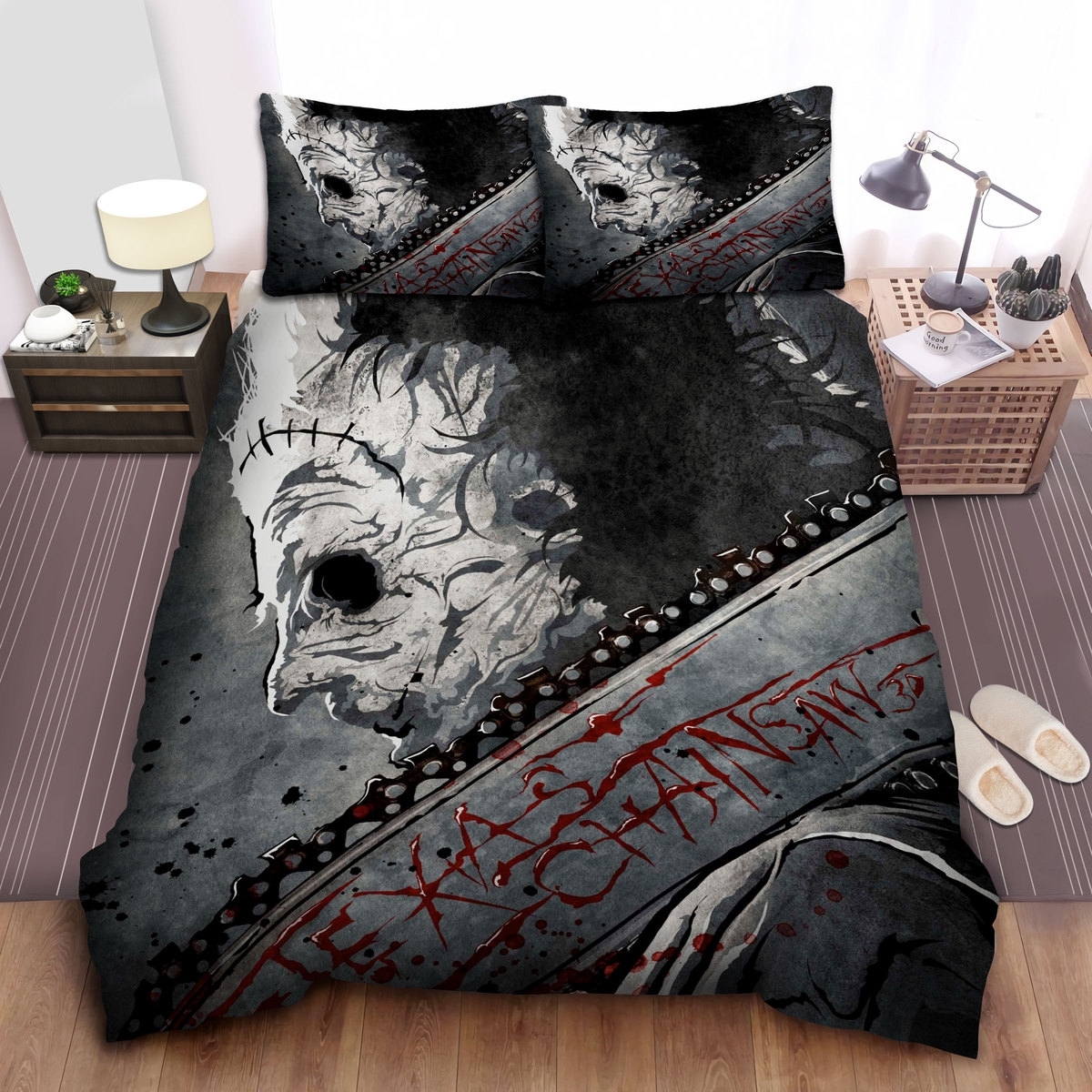 Leatherface, Bloody Letters On The Chainsaw Bed Sheets Spread Comforter Duvet Cover Bedding Set - Unique Anime Apparel for Fans