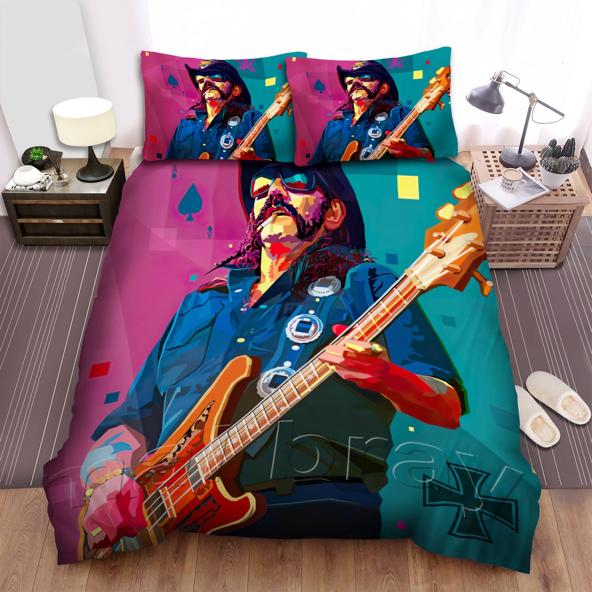 Lemmy Music Pink And Green Bcground Bed Sheets Spread Comforter Duvet Cover Bedding Set - Unique Anime Apparel for Fans