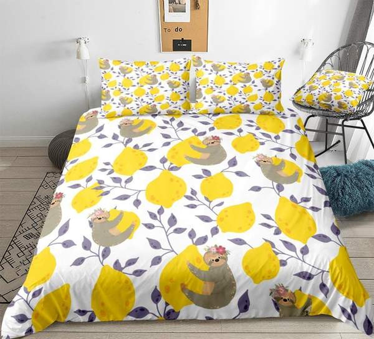 Lemon With Sloths Pattern Bed Sheets Spread Duvet Cover Bedding Set - Unique Anime Apparel for Fans
