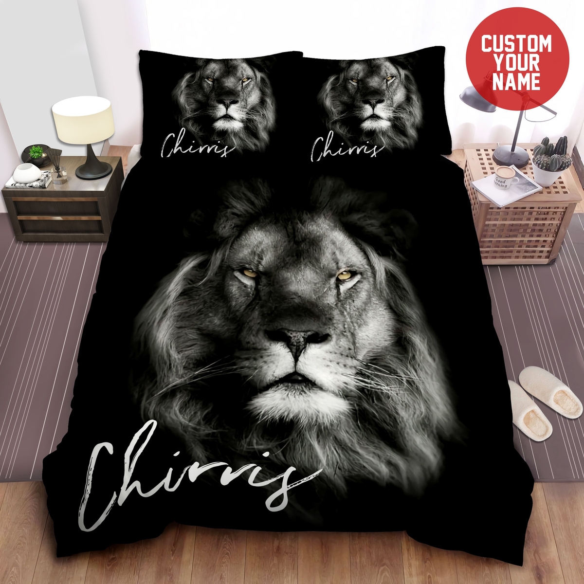 Lion Black Background Custom Name Duvet Cover Bedding Set - Unique Anime Apparel for Fans