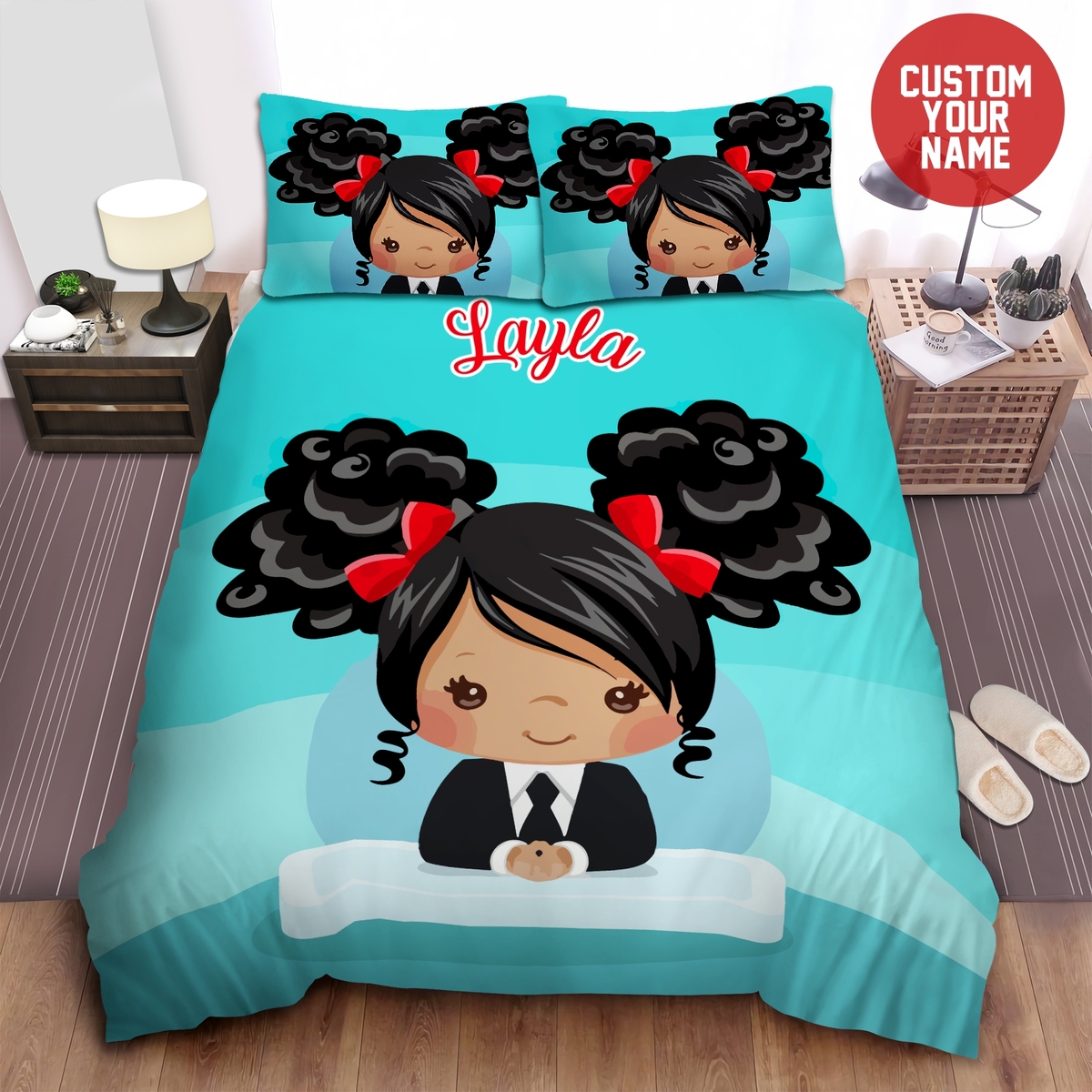 Little Melanin Queen Black Girl Magic Baby Boss Custom Name Duvet Cover Bedding Set - Unique Anime Apparel for Fans