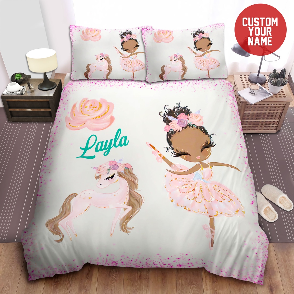 Little Melanin Queen Black Girl Magic Black Ballerina Dancing With The Unicorn Custom Name Duvet Cover Bedding Set - Unique Anime Apparel for Fans
