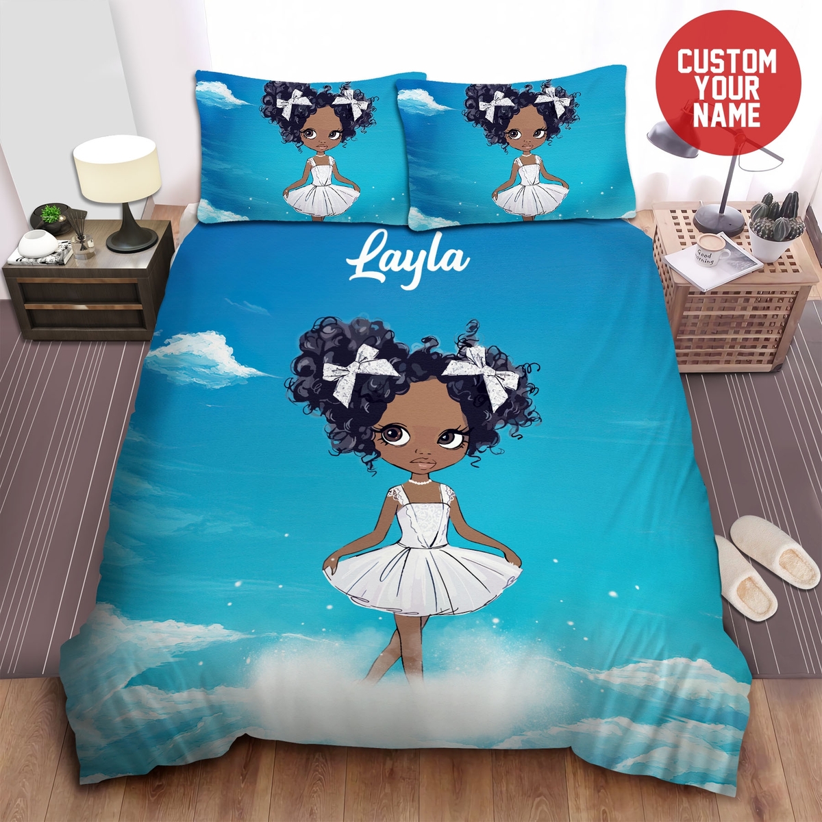 Little Melanin Queen Black Girl Magic Black Ballerina Girl With Bow Custom Name Duvet Cover Bedding Set - Unique Anime Apparel for Fans