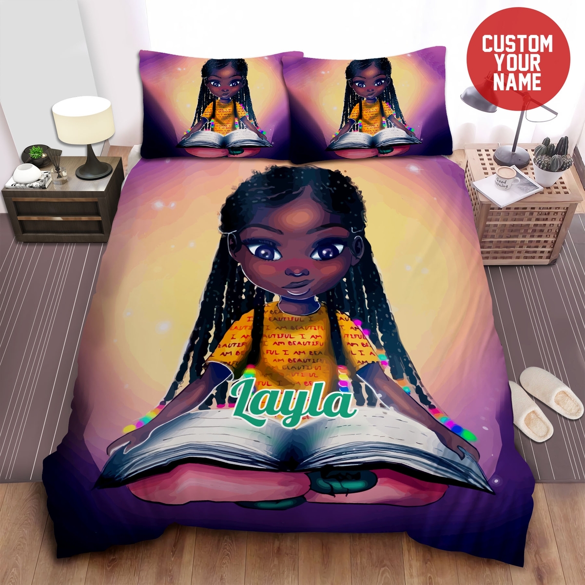 Little Melanin Queen Black Girl Magic Cool Girl Reading Book Custom Name Duvet Cover Bedding Set - Unique Anime Apparel for Fans