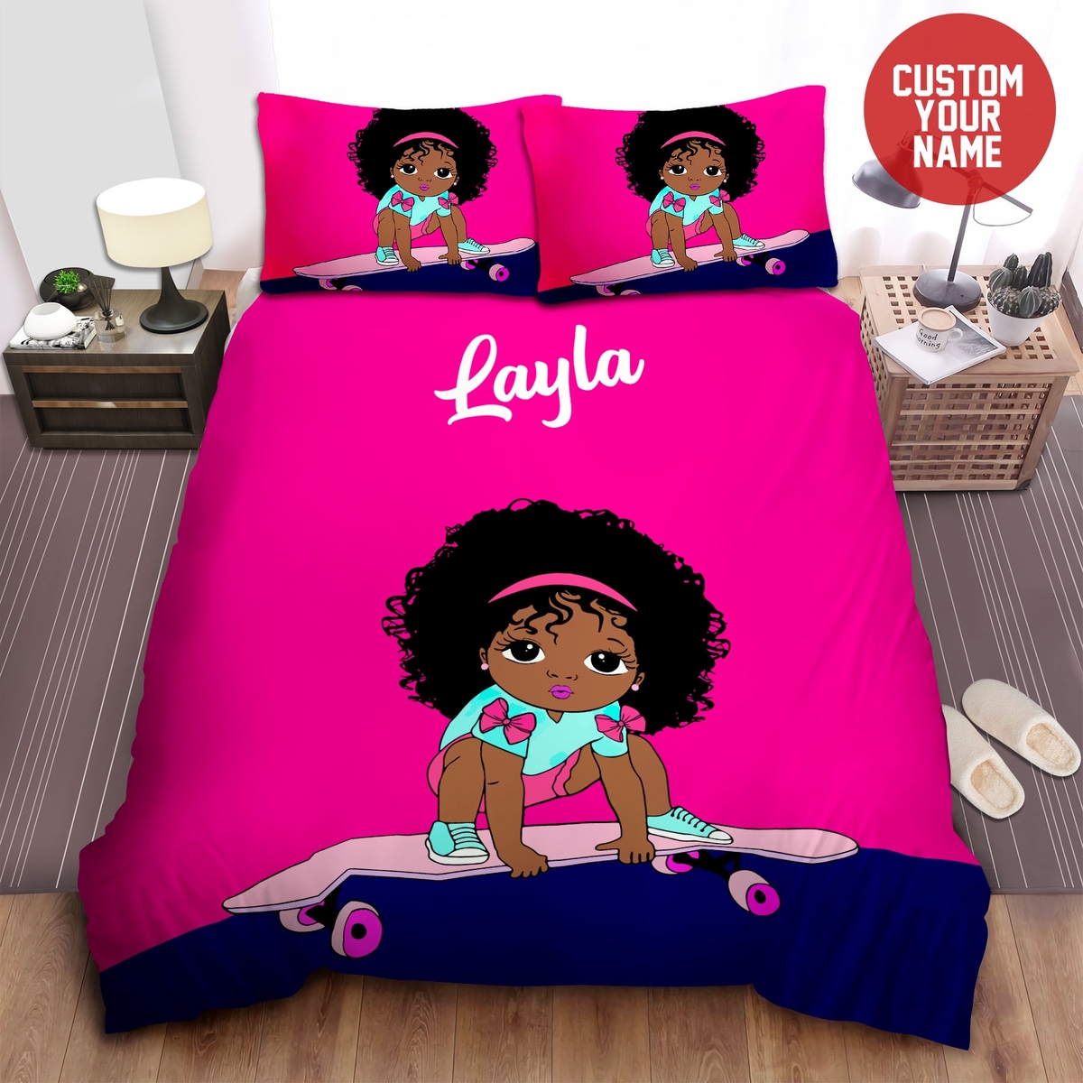 Little Melanin Queen Black Girl Magic Little Girl With Puff Afro Ponytails Skating Custom Name Duvet Cover Bedding Set - Unique Anime Apparel for Fans