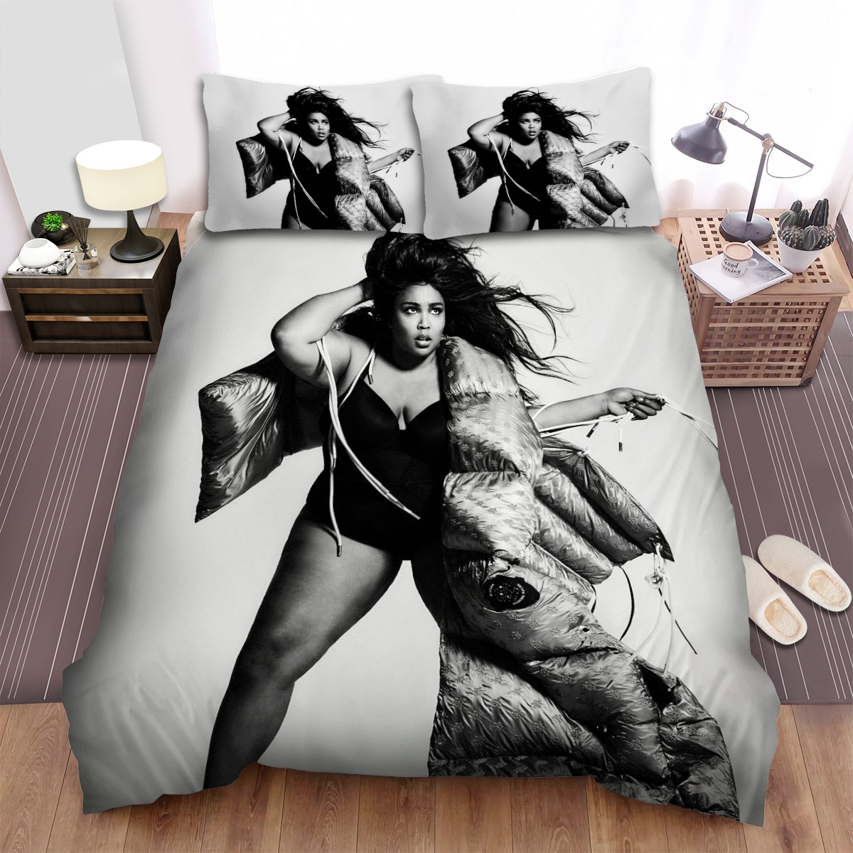 Lizzo Music Black And White Photo Bed Sheets Spread Comforter Duvet Cover Bedding Set - Unique Anime Apparel for Fans