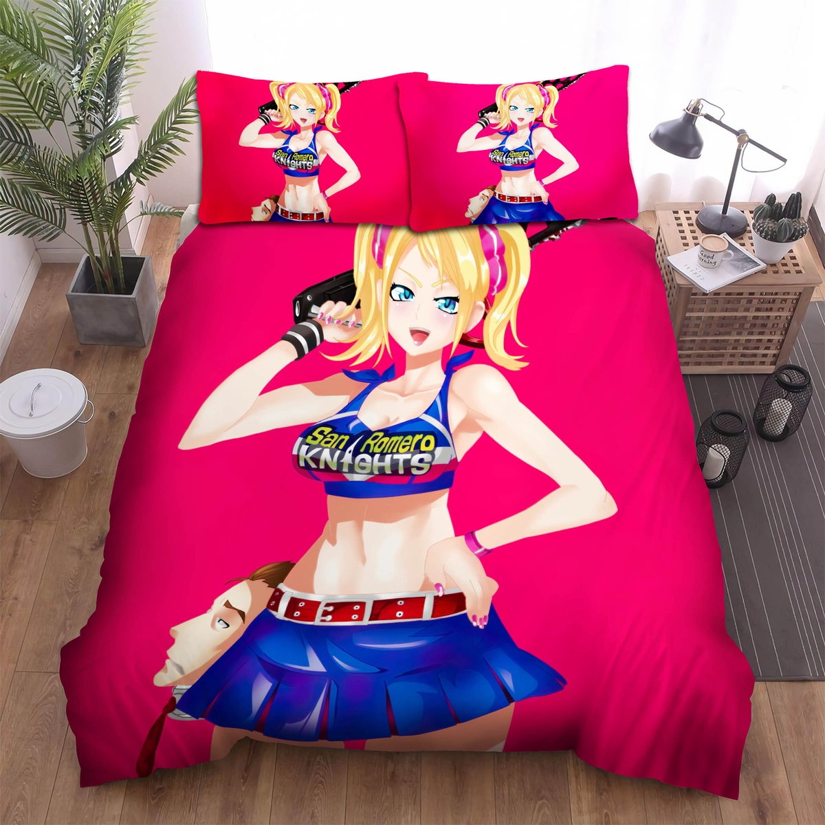 Lollipop Chainsaw Carrying A Chainsaw On Shoulder Bed Sheets Spread Duvet Cover Bedding Set - Unique Anime Apparel for Fans