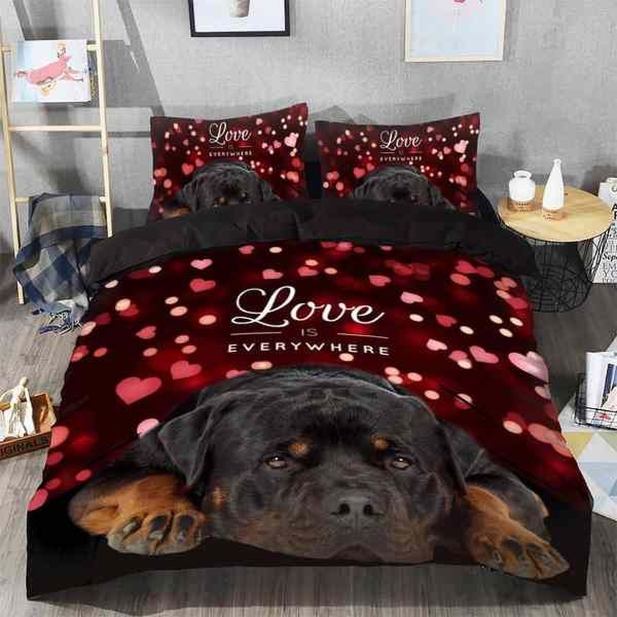 Love Rottweiler Bed Sheets Spread Comforter Duvet Cover Bedding Set - Unique Anime Apparel for Fans