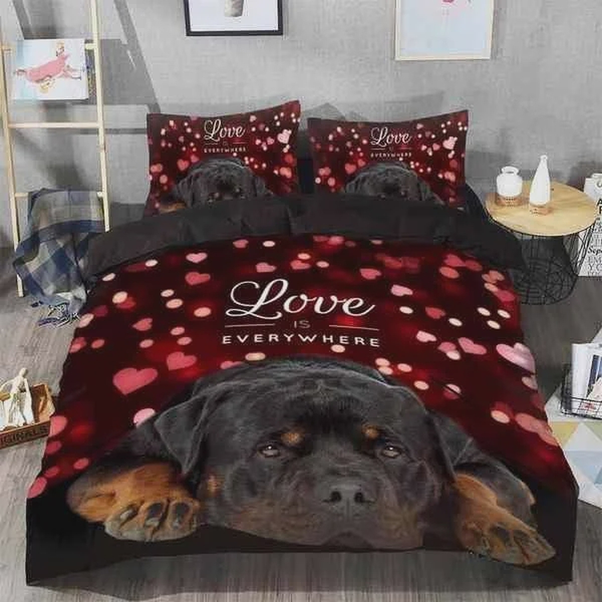 Love Rottweiler Tiny Heart Pattern Bed Sheets Spread Duvet Cover Bedding Set - Unique Anime Apparel for Fans