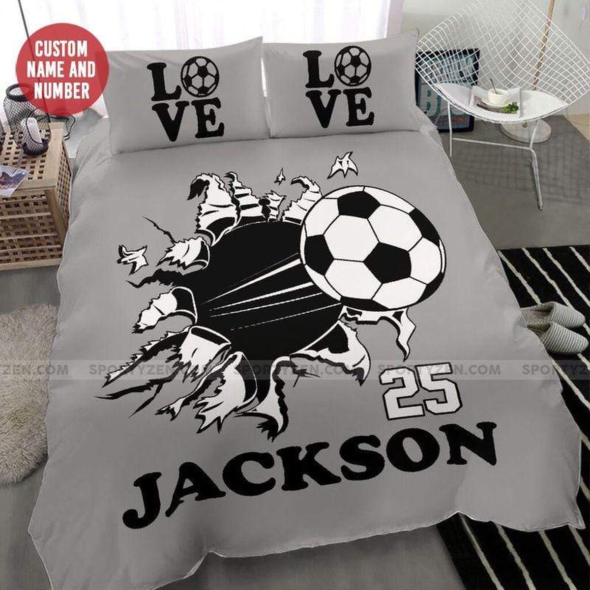 Love Soccer Shoot Grey Personalized Custom Name Duvet Cover Bedding Set - Unique Anime Apparel for Fans