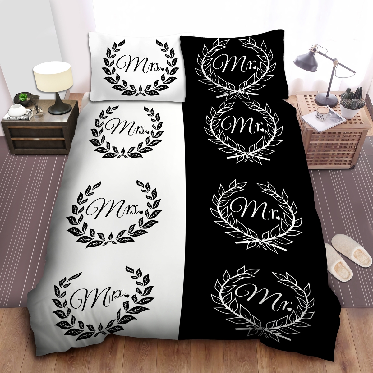 Lovers Floral Mr Mrs Bedding Set (Duvet Cover & Pillow Cases) - Unique Anime Apparel for Fans