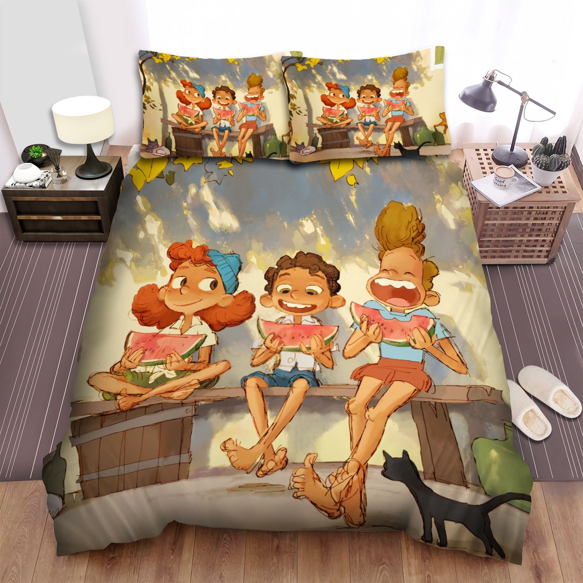 Luca Alberto And Giulia Eating Watermelon Artwork Bed Sheet Spread Duvet Cover Bedding Set - Unique Anime Apparel for Fans