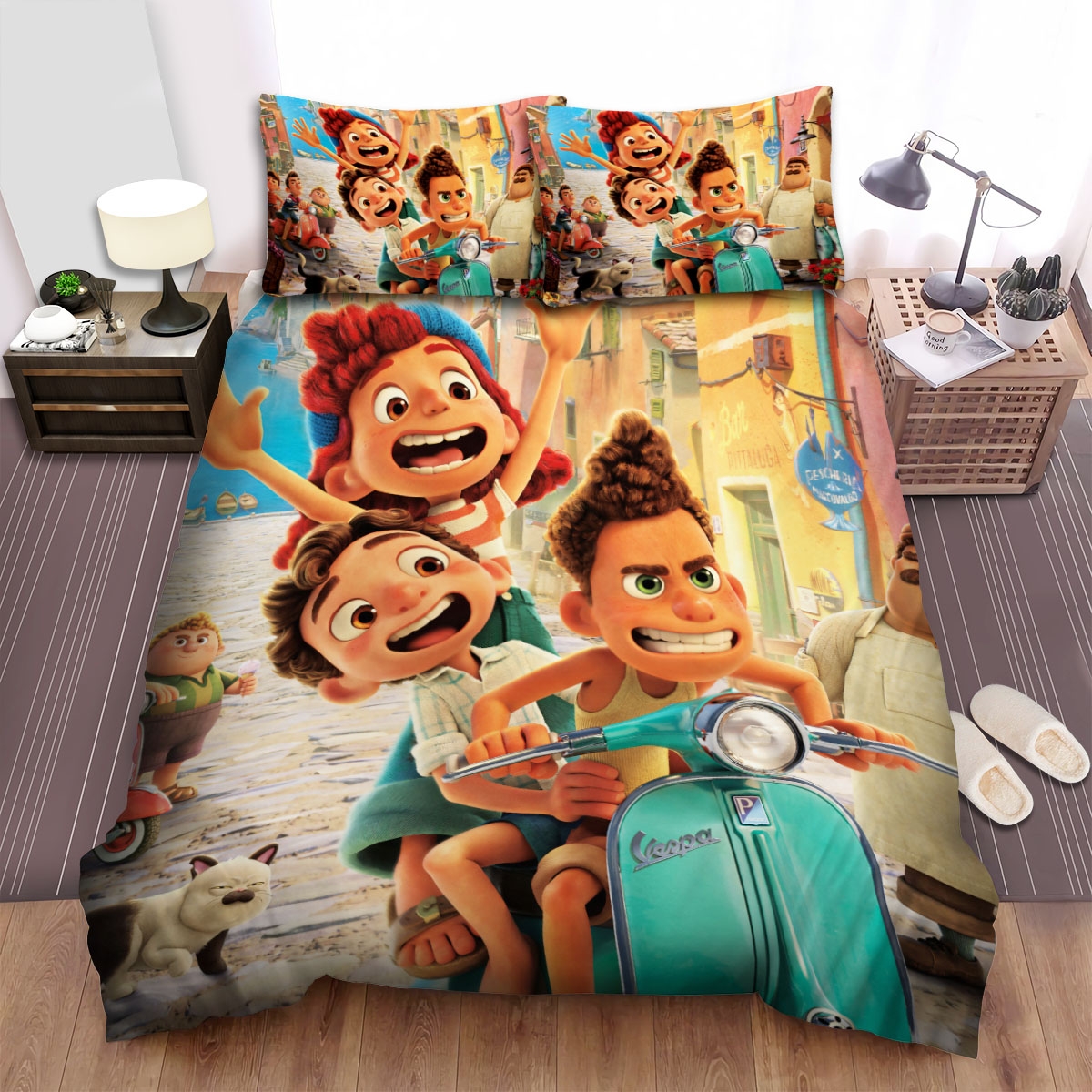 Luca Alberto And Giulia Riding Vespa On The Street Bed Sheet Spread Duvet Cover Bedding Set - Unique Anime Apparel for Fans