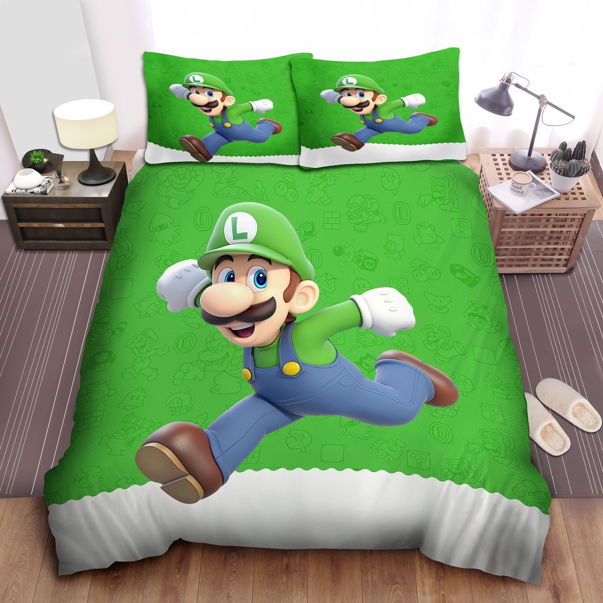 Luigi In Green Super Mario Theme Bed Sheets Spread Duvet Cover Bedding Set - Unique Anime Apparel for Fans
