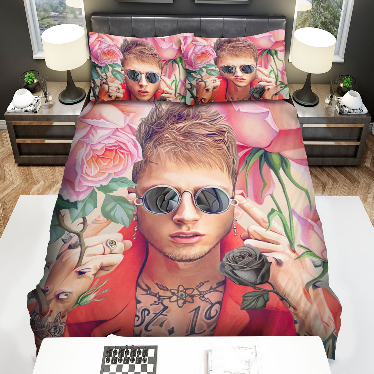 Machine Gun Kelly & Roses Digital Illustration Bed Sheets Spread Duvet Cover Bedding Set - Unique Anime Apparel for Fans