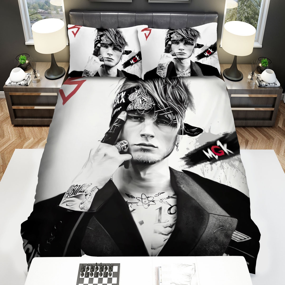Machine Gun Kelly Black & White Illustration Bed Sheets Spread Duvet Cover Bedding Set - Unique Anime Apparel for Fans