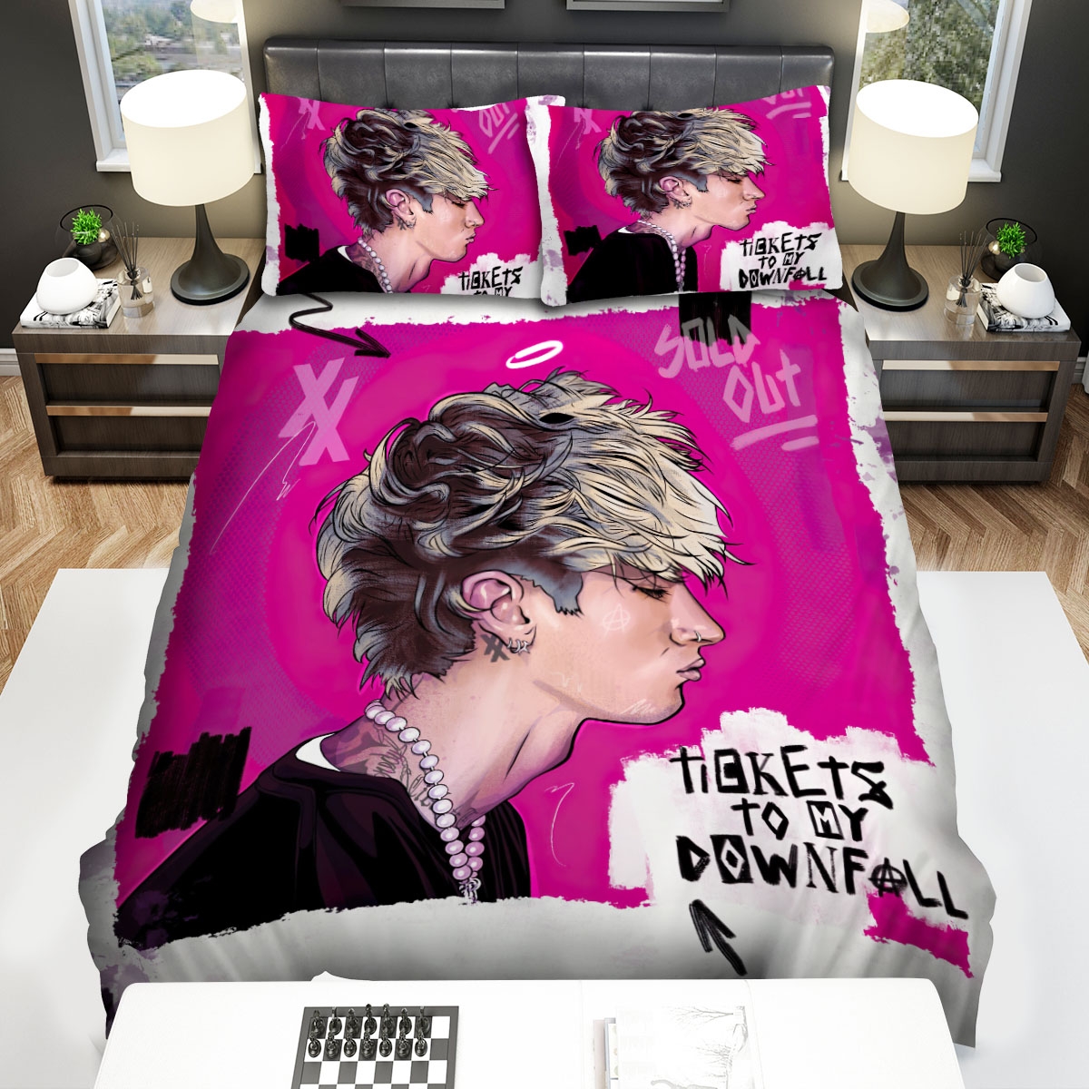 Machine Gun Kelly In Tickets To My Downfall Album Illustration Bed Sheets Spread Duvet Cover Bedding Set - Unique Anime Apparel for Fans